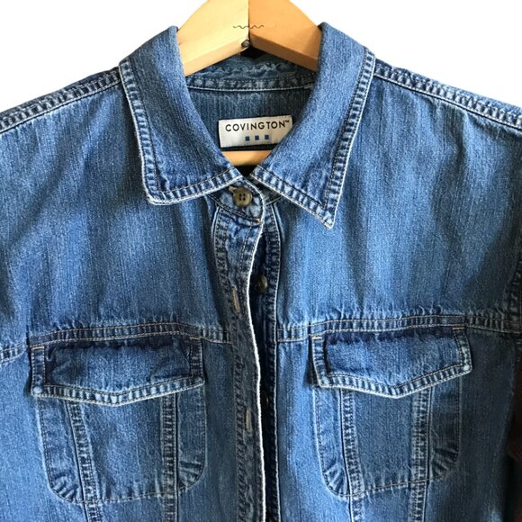 Upcycled Jean Shirt, Size M: Painted Wild Free Moon Graphic, Patchwork Jacket - Picture 5 of 13